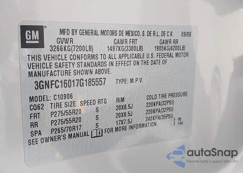 2007 Chevrolet Suburban 1500 Ltz z USA, uszkodzony, nr VIN 3GNFC16017G185557